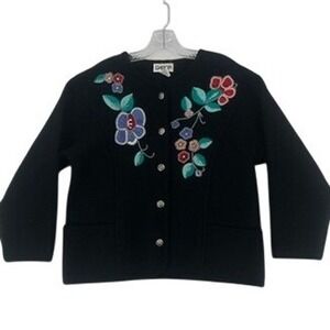 Vintage Dalton 100% Wool Embroidered Cardigan Black Small